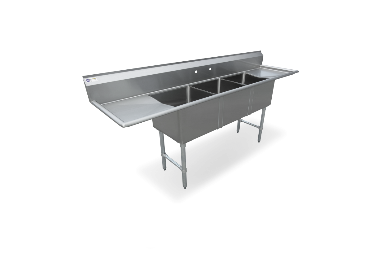 18 Gauge Stainless Steel Three Compartment Sink With Two 10" Drainboards