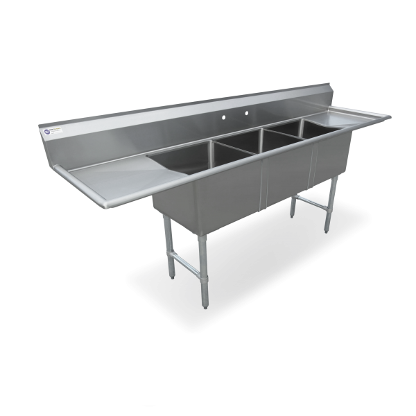 18 Gauge Stainless Steel Three Compartment Sink With Two 10" Drainboards