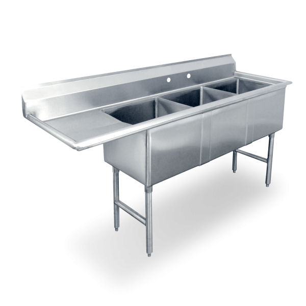 18 Gauge Stainless Steel Three Compartment Sink With One 10" Drainboard On Left
