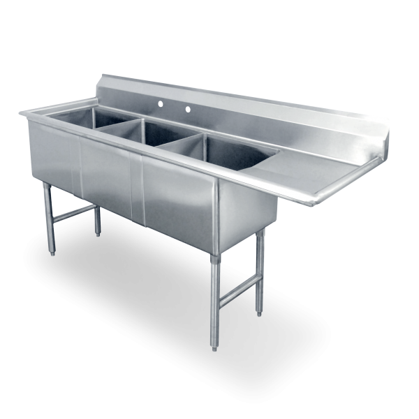 18 Gauge Stainless Steel Three Compartment Sink With One 10" Drainboard On Right
