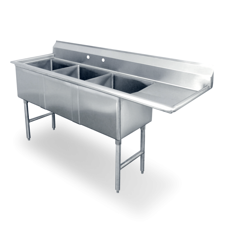 18 Gauge Stainless Steel Three Compartment Sink With One 10" Drainboard