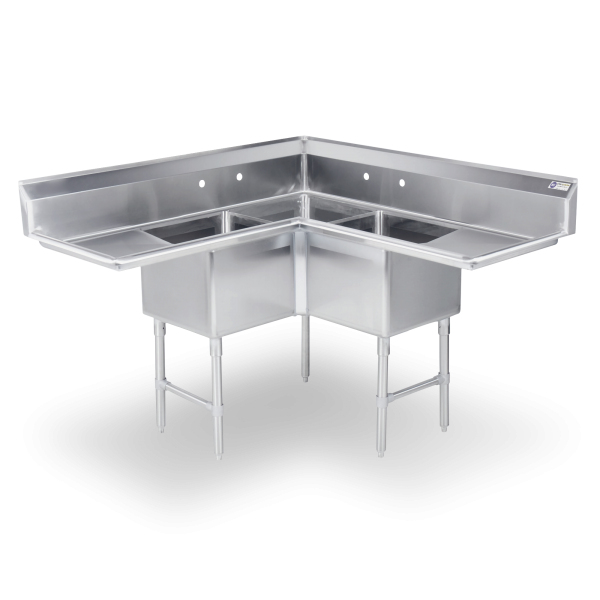 18 Gauge Stainless Steel Three Compartment Corner Sink With Two 18" Drainboards