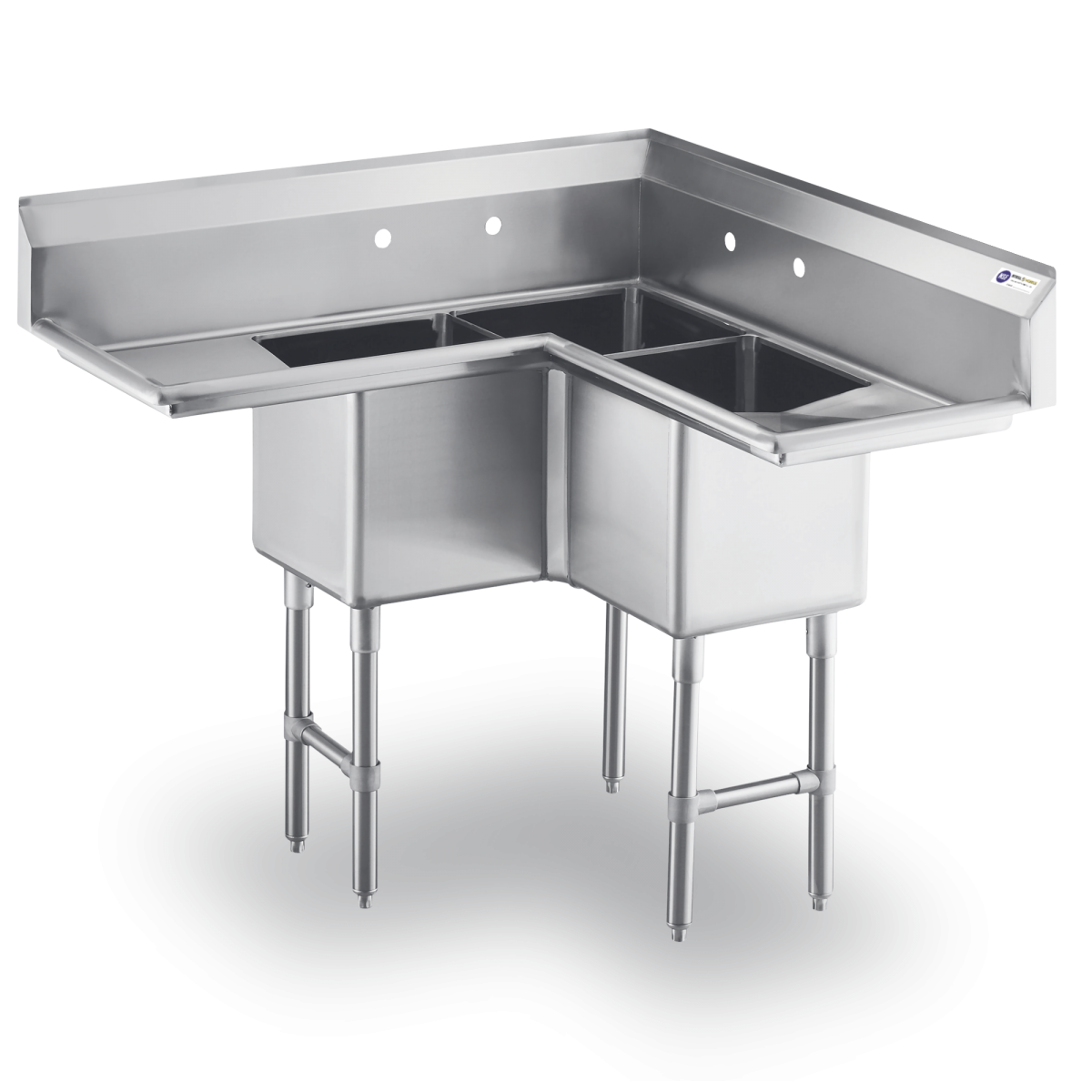 18 Gauge Stainless Steel Three Compartment Corner Sink With Two 14" Drainboards