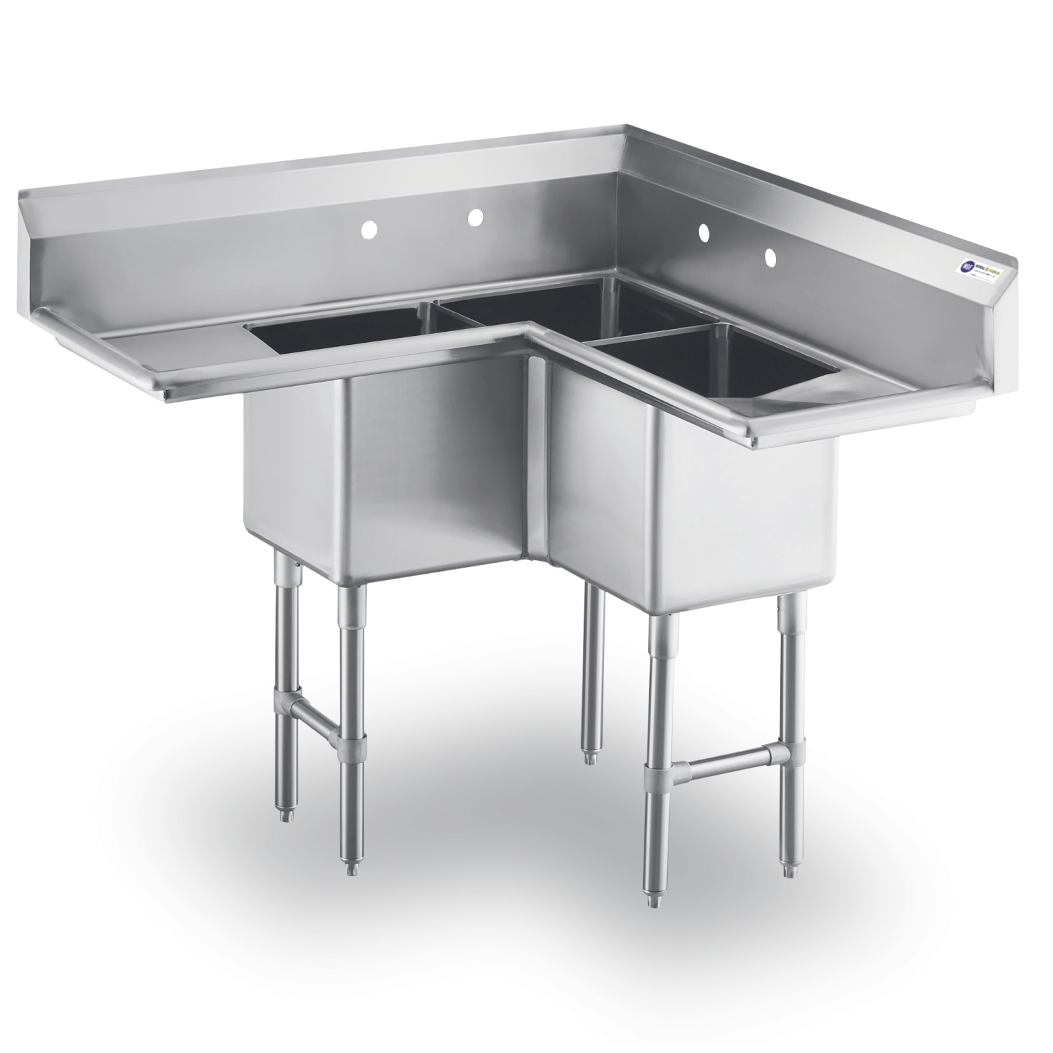 18 Gauge Stainless Steel Three Compartment Corner Sink With Two 18
