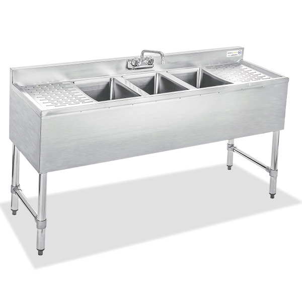 18 gauge Three Compartment Stainless Steel Underbar Dump Sink - SWBAR3B60-LR